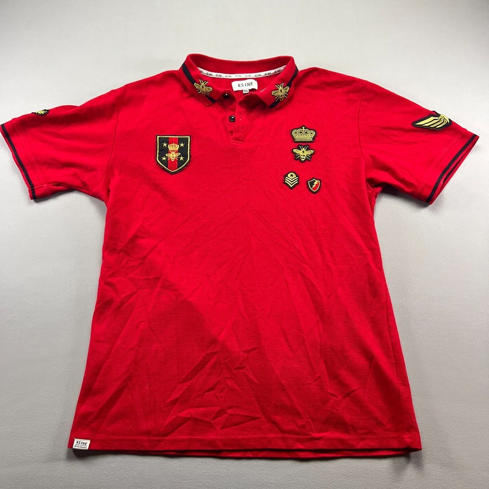 RS1NE Polo Shirt Mens 2XL Vibrant Red Cotton Military Style Patches Short Sleeve